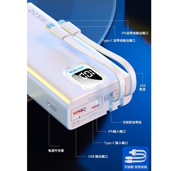 Pin sạc nhanh con voi 20000mAh 22.5W max WEKOME WP335 tích hợp màn hình LED và kèm 2 dây cáp liền phù hợp mọi điện thoại