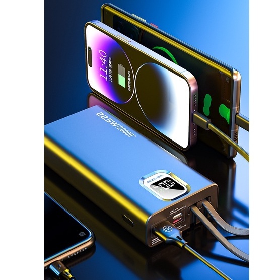 Pin sạc nhanh con voi 20000mAh 22.5W max WEKOME WP335 tích hợp màn hình LED và kèm 2 dây cáp liền phù hợp mọi điện thoại