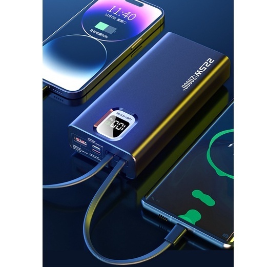 Pin sạc nhanh con voi 20000mAh 22.5W max WEKOME WP335 tích hợp màn hình LED và kèm 2 dây cáp liền phù hợp mọi điện thoại