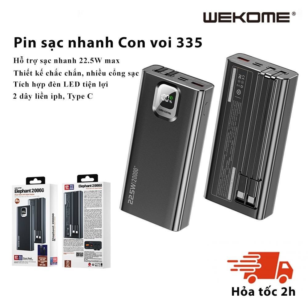 Pin sạc nhanh con voi 20000mAh 22.5W max WEKOME WP335 tích hợp màn hình LED và kèm 2 dây cáp liền phù hợp mọi điện thoại