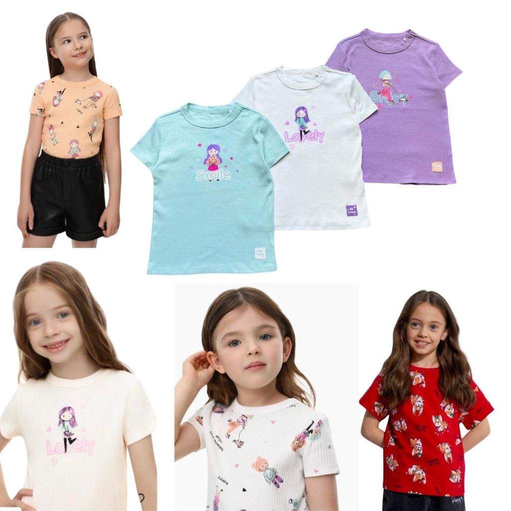Áo thun ngắn tay bé gái kiểu dáng freesize in hình mèo búp bê dễ thương màu xanh đỏ tím vàng từ 15-35kg