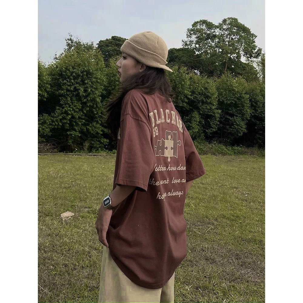 Áo phông nam nữ form rộng 2N Unisex thun cotton in chữ nổi BLACKOR màu nâu/đen