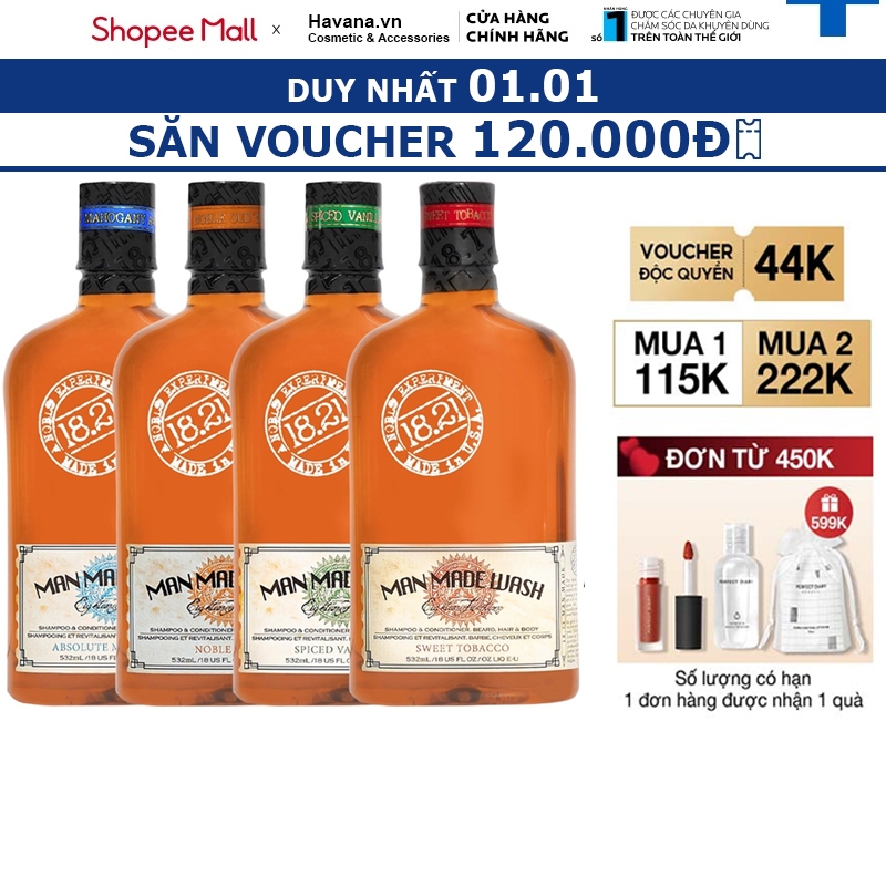 Dầu gội xả tắm 3 trong 1 - 18.21 Man Made Wash (500ml) | 4 mùi hương