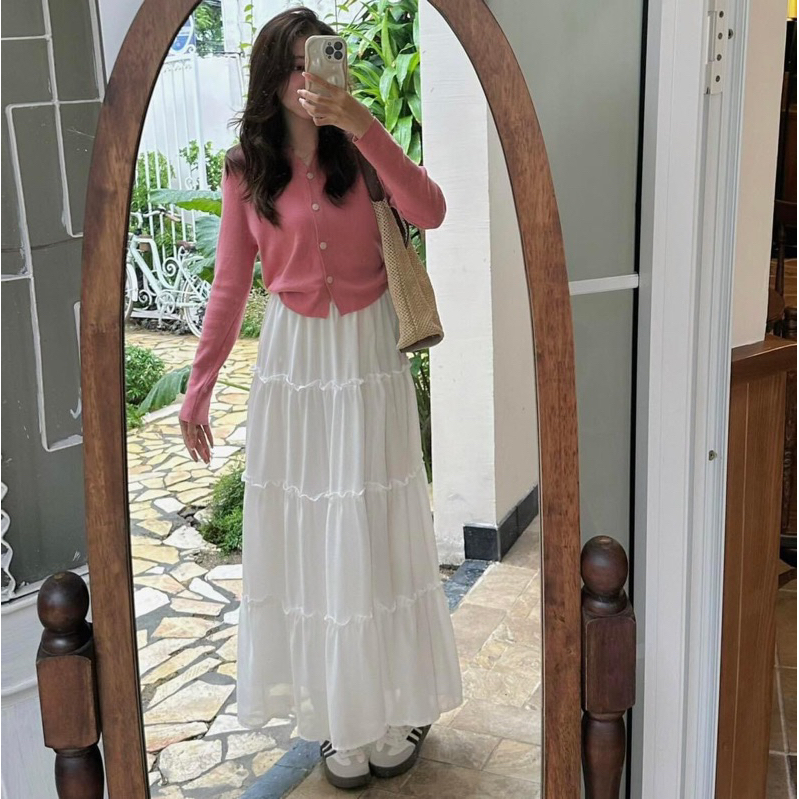 Chân váy midi xoè voan tơ Forgirl thiết kế 4 tầng bồng bềnh T017