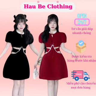 (Ảnh thật) Váy nhung nữ tiểu thư khoét eo, đầm ngắn dáng xoè tay bồng phối cổ trắng màu đỏ đen dễ thương trẻ trung