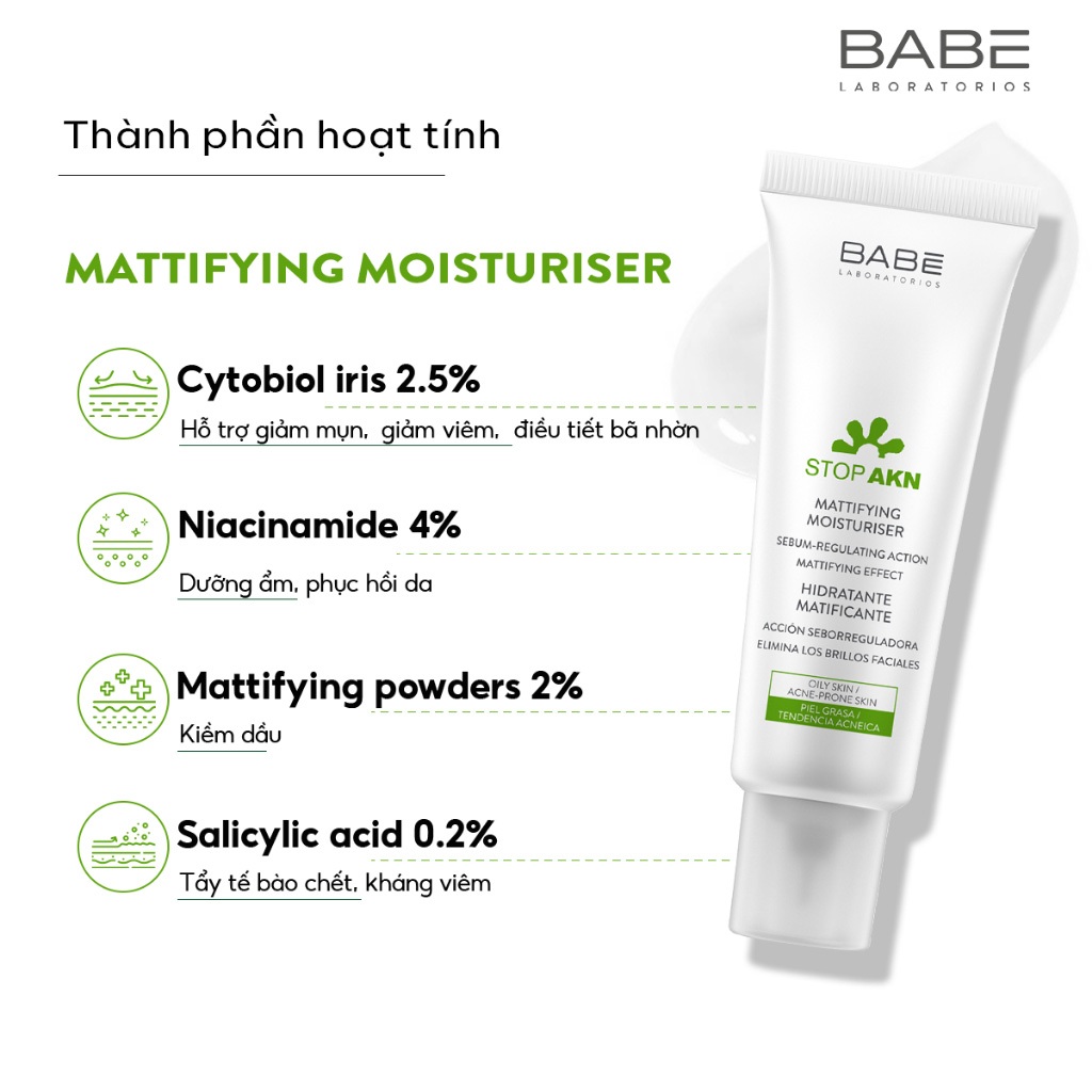 Kem dưỡng ẩm BABE Mattifying Moisturiser ngừa mụn và kiểm soát dầu 50ml