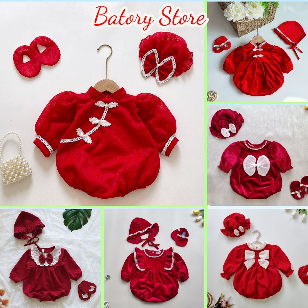 Bộ Bodysuit Cho Bé Gái Sơ Sinh Dài Tay Mùa Đông Body Màu Đỏ Nhung Thích Hợp Đi Chơi Tiệc, Quà Tặng Đầy Tháng Thôi Nôi