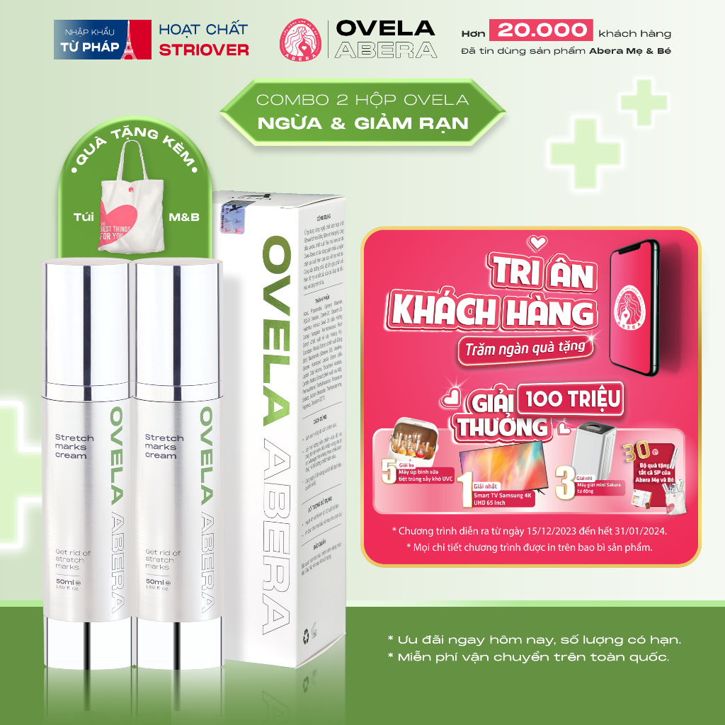 Combo 2 Kem xóa rạn da Ovela Abera cho bà bầu - giảm rạn cũ, ngừa rạn mới, mờ sẹo, mờ thâm, trắng da