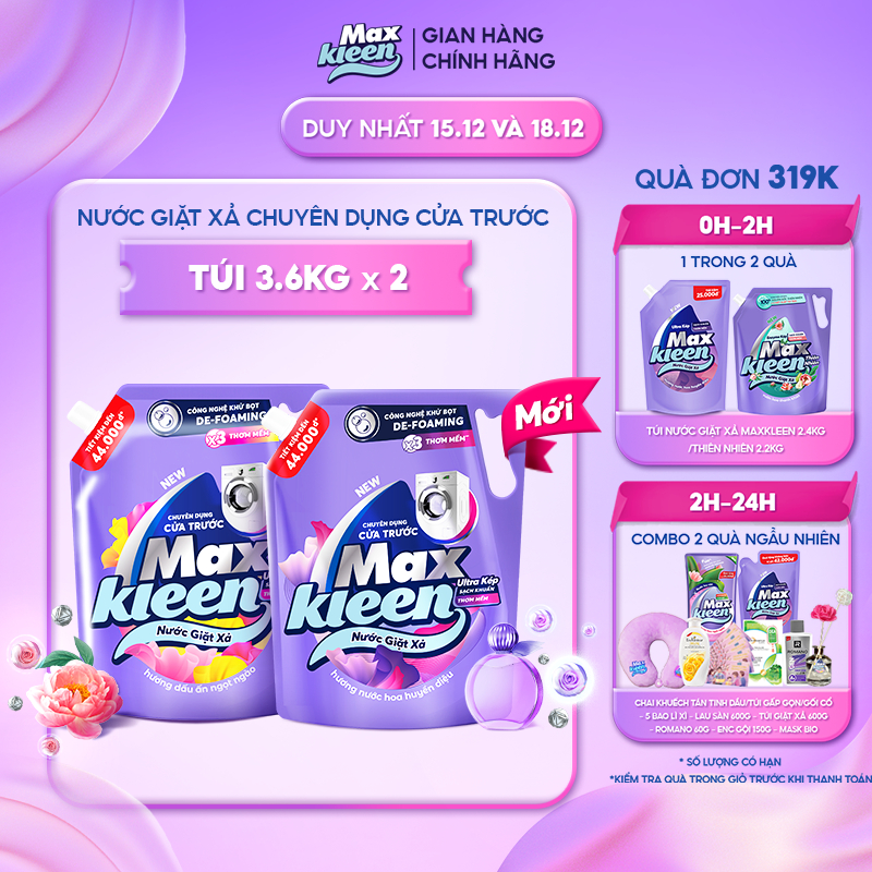 Combo 2 Túi Nước Giặt Xả MaxKleen chuyên dụng Cửa Trước 3.6kg Hương Nước hoa huyền diệu/Dấu ấn ngọt ngào