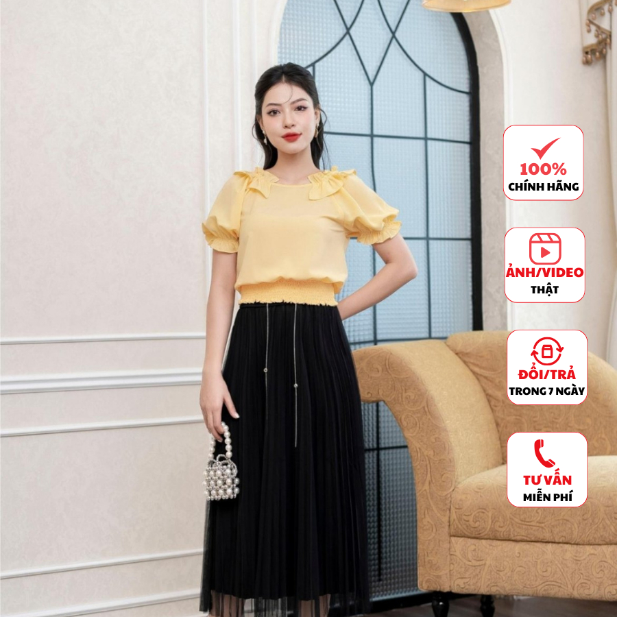 Áo sơ mi nữ FIONA dáng bo gấu áo sơ mi kiểu cổ bèo may kê chun vai màu sắc trẻ trung phù hợp đi làm đi chơi F513088