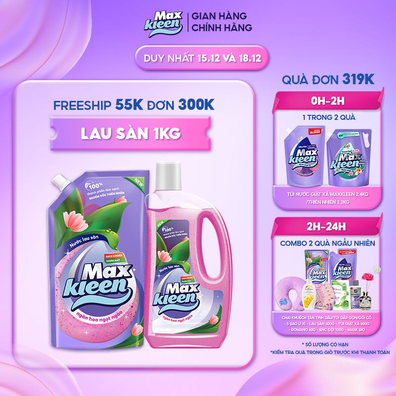 Combo Nước Lau Sàn MaxKleen Hương Ngàn Hoa Ngọt Ngào: Chai 1kg + Túi 1kg