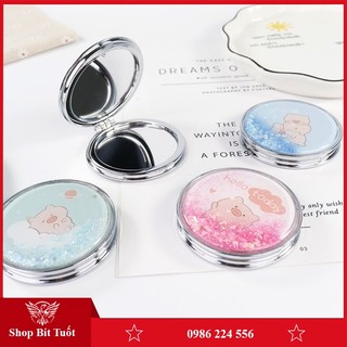 Gương trang điểm mini 2 mặt vỏ ngoài nhũ kim tuyến, Gương 2 mặt gấp gọn nước kim tuyến chảy lấp lánh