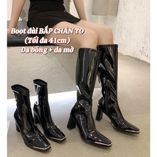 Bốt đùi nữ boot lửng boot bắp chân to da bóng gót vuông 9p lót lông mũi viền sắt có khóa cạnh 2021f
