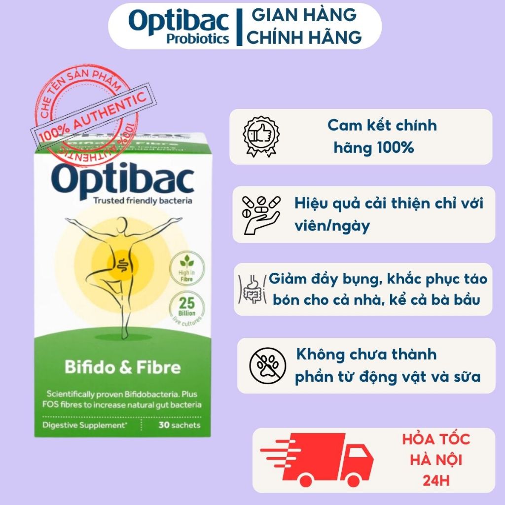 Men Vi Sinh Optibac Bifido & Fibre - Hỗ trợ giảm táo bón và bổ sung chất xơ, bổ sung lợi khuẩn đường ruột, hộp 30 gói