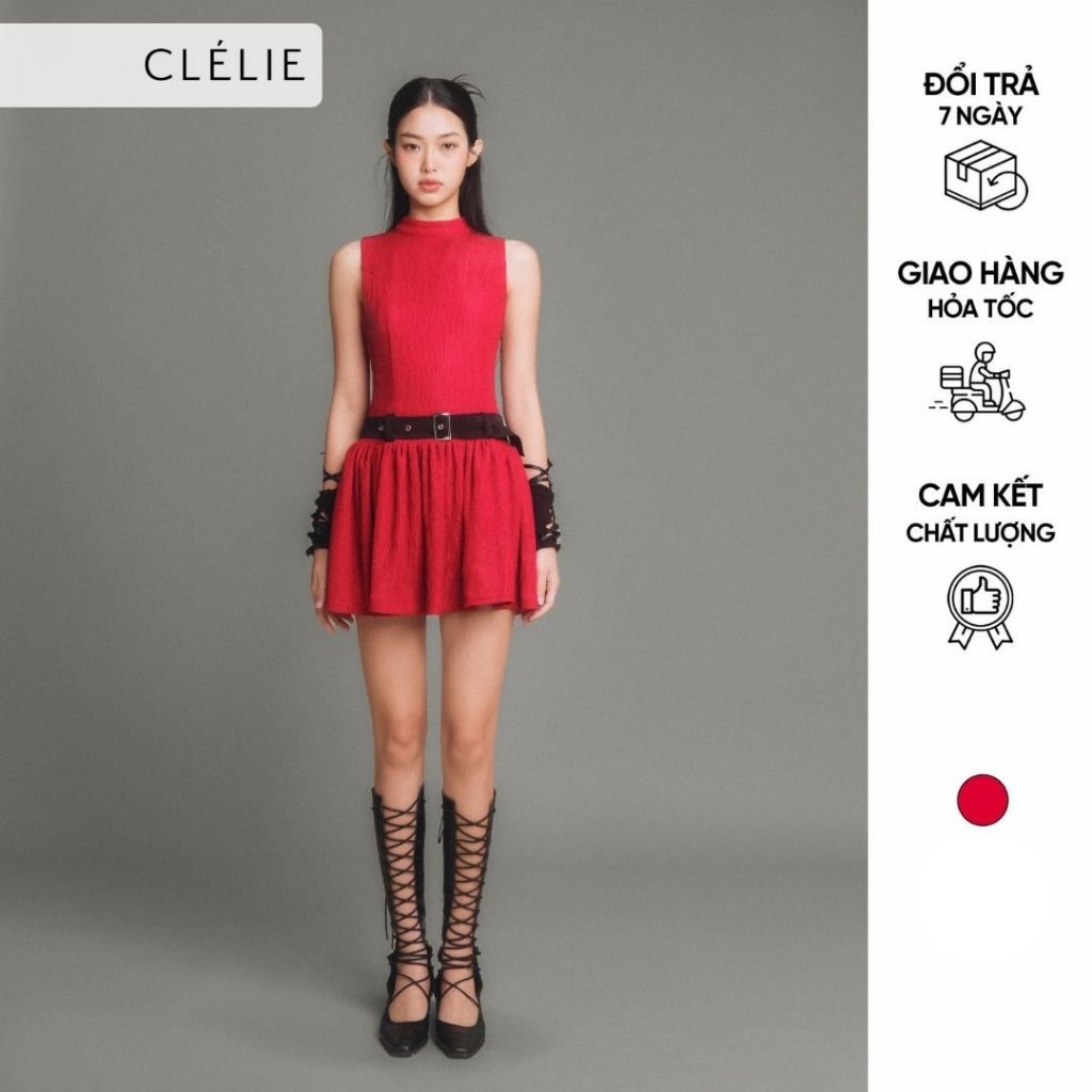 Đầm cổ trụ không tay nhún tùng váy kèm belt | JASMIN DRESS - CLÉLIE