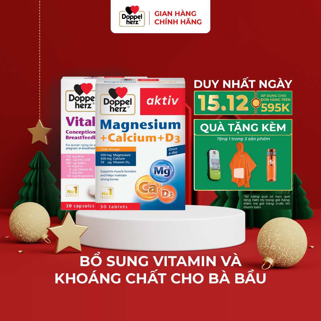 Bộ đôi dưỡng thai bổ sung canxi, Vitamin tổng hợp, DHA cho mẹ bầu Doppelherz Vital Pregna + Mg Canxi D3 