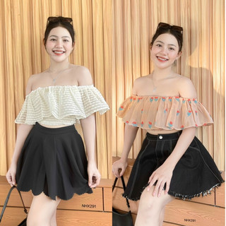 Áo croptop nữ nhistor-áo trễ vai phối bèo xếp ly xinh freesize dưới 55kg