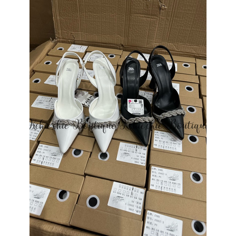 Giày Cao Gót Za.Ra Cao 9cm Chất Liệu Da Mũi Nhọn Đính Đá Sáng Lấp Lánh