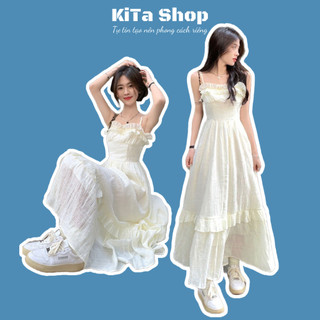  Đầm maxi hai dây dáng dài KiTa Shop thiết kế viền bèo form xoè xếp tầng phong cách tiểu thư 