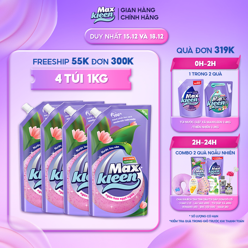 Combo 4 Túi Nước Lau Sàn Ngàn Hoa Ngọt Ngào MaxKleen (1Kg/túi)