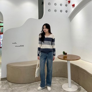 Áo len kẻ xám be cổ tim - freesize