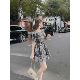 Đầm nữ bố tay phồng xếp ly hở lưng họa tiết siêu xịn màu sắc nhã nhặn, Đầm xòe bố thiết kế đơn giản họa tiết độc đáo