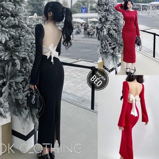 Đầm body tay dài loe hở nơ lưng chất thun borip co giãn thích hợp mặc đi tiệc đi làm đi chơi