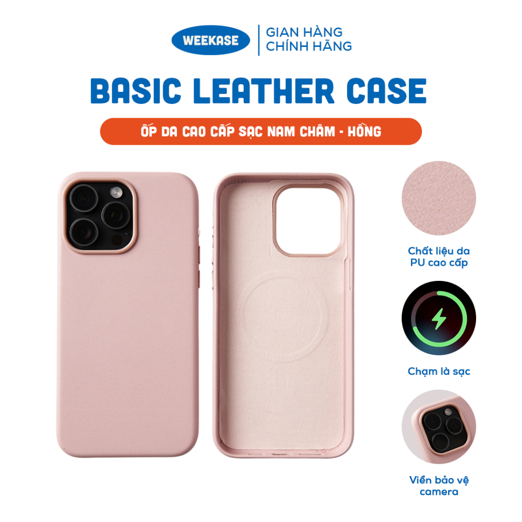 Ốp Da cao cấp 1-1 full viền, lót nhung, hỗ trợ Sạc nam châm Weekase Basic Leather Case Màu Hồng Pastel