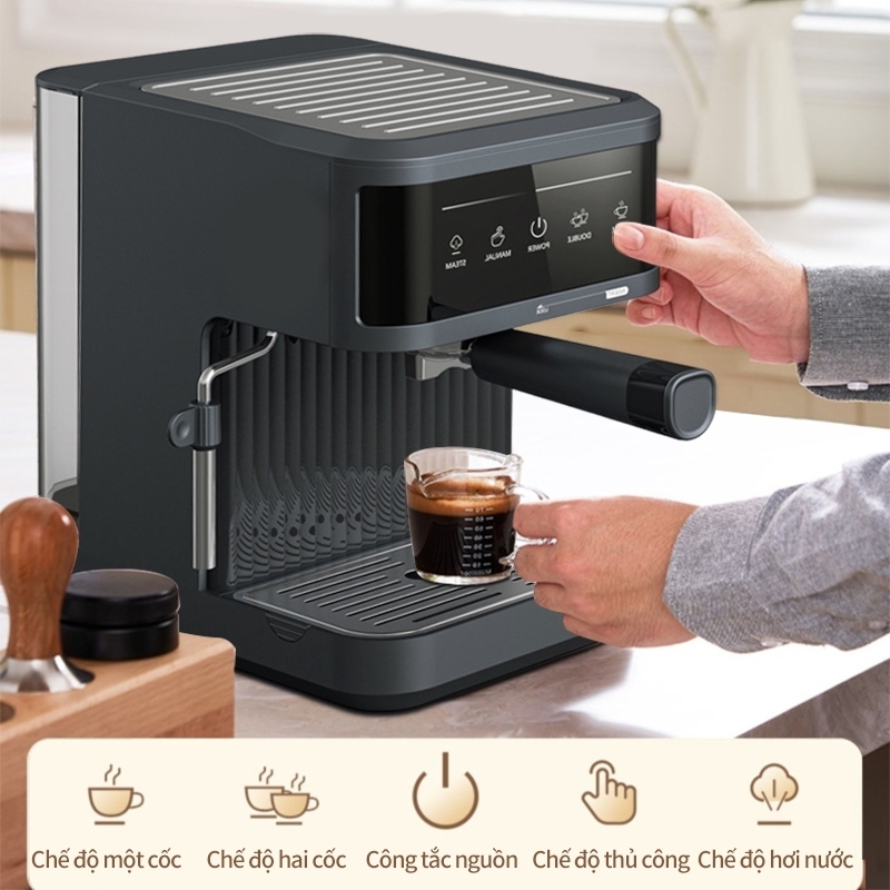 Máy Pha Cà Phê Espresso Công Suất 850W, Máy Pha Café Gia Đình Mini - Inox Không Gỉ Chức Năng Pha Espresso Tạo Bọt Sữa.