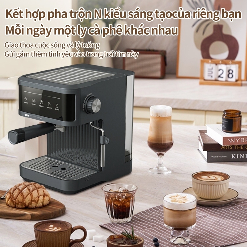 Máy Pha Cà Phê Espresso Công Suất 850W, Máy Pha Café Gia Đình Mini - Inox Không Gỉ Chức Năng Pha Espresso Tạo Bọt Sữa.