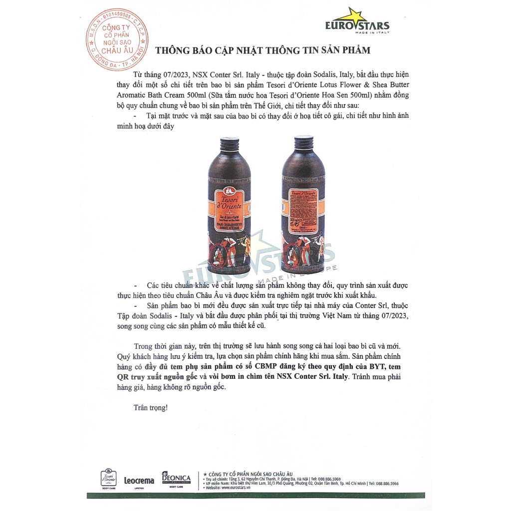 Sữa tắm nước hoa Tesori d’Oriente Hoa Sen 500ml nhập khẩu chính hãng từ Ý kèm vòi