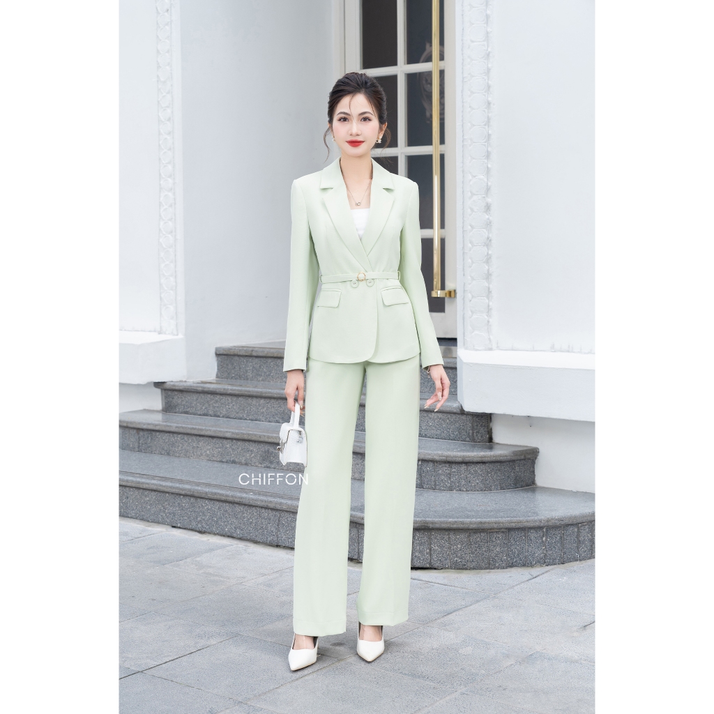 Áo vest nữ dài tay vạt chéo kèm đai cao cấp Chiffon (không kèm quần)