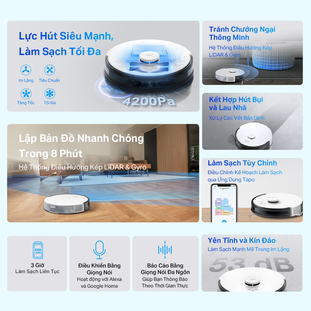 [Hàng Mới] Robot Hút Bụi Và Lau Nhà TP-Link Tapo RV30C Mop / RV30C Mop Plus Điều Hướng LiDar & Gyro Công Suất 4200Pa