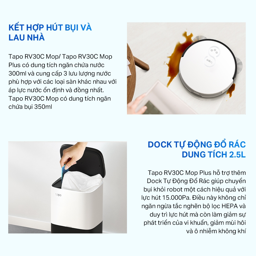 [Hàng Mới] Robot Hút Bụi Và Lau Nhà TP-Link Tapo RV30C Mop / RV30C Mop Plus Điều Hướng LiDar & Gyro Công Suất 4200Pa