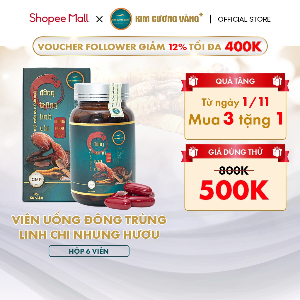 Đông Trùng Hạ Thảo Linh Chi Nhung Hươu Kim Cương Vàng Tăng đề kháng giảm suy nhược Hộp 60 viên uống