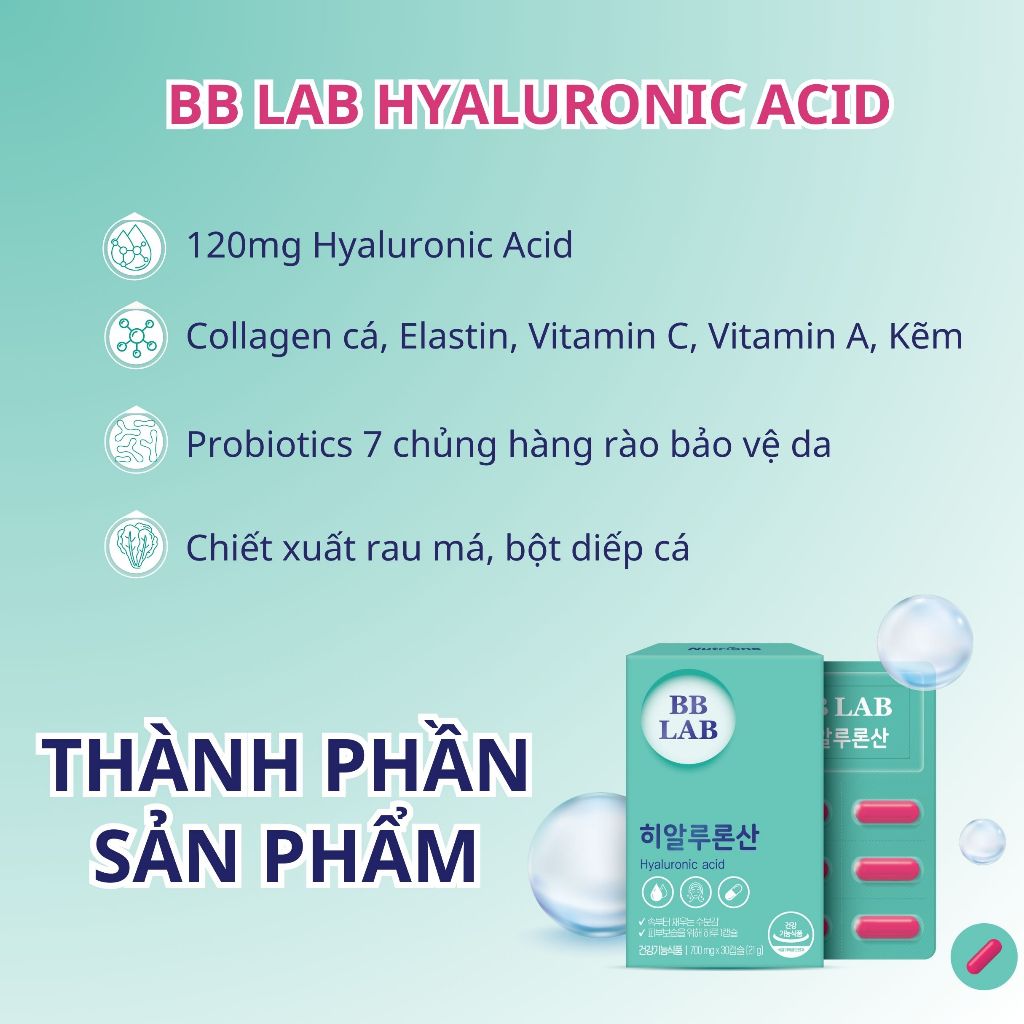 Viên Uống Cấp Ẩm Cho Da BB LAB Hyaluronic Acid Giúp Làm Giảm Nếp Nhăn, Đem Lại Làn Da Mịn Màng, Căng Bóng