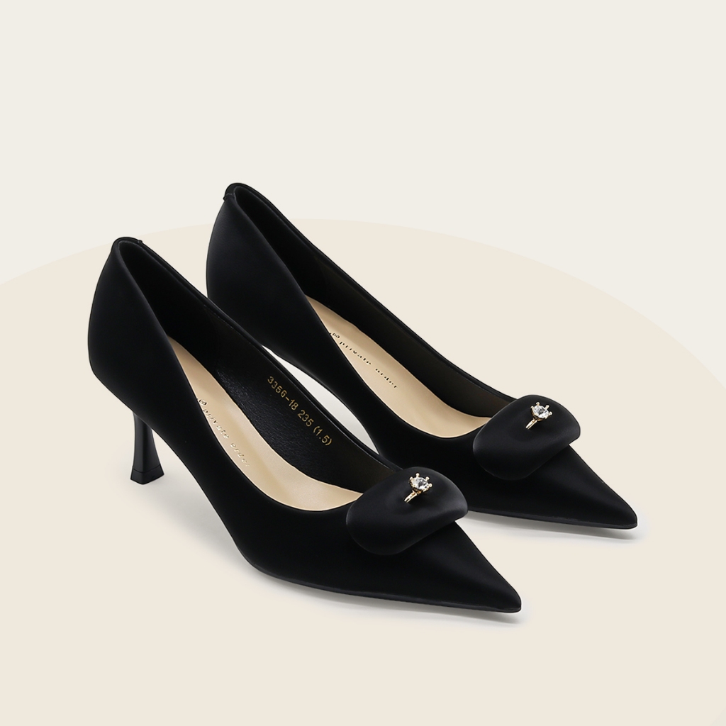 Giày cao gót nữ BEJ 7p gót nhọn đính nơ đá cao cấp - MS0043