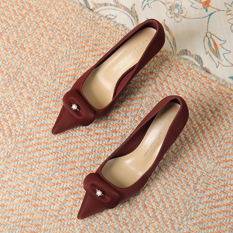 Giày cao gót nữ BEJ 7p gót nhọn đính nơ đá cao cấp - MS0043