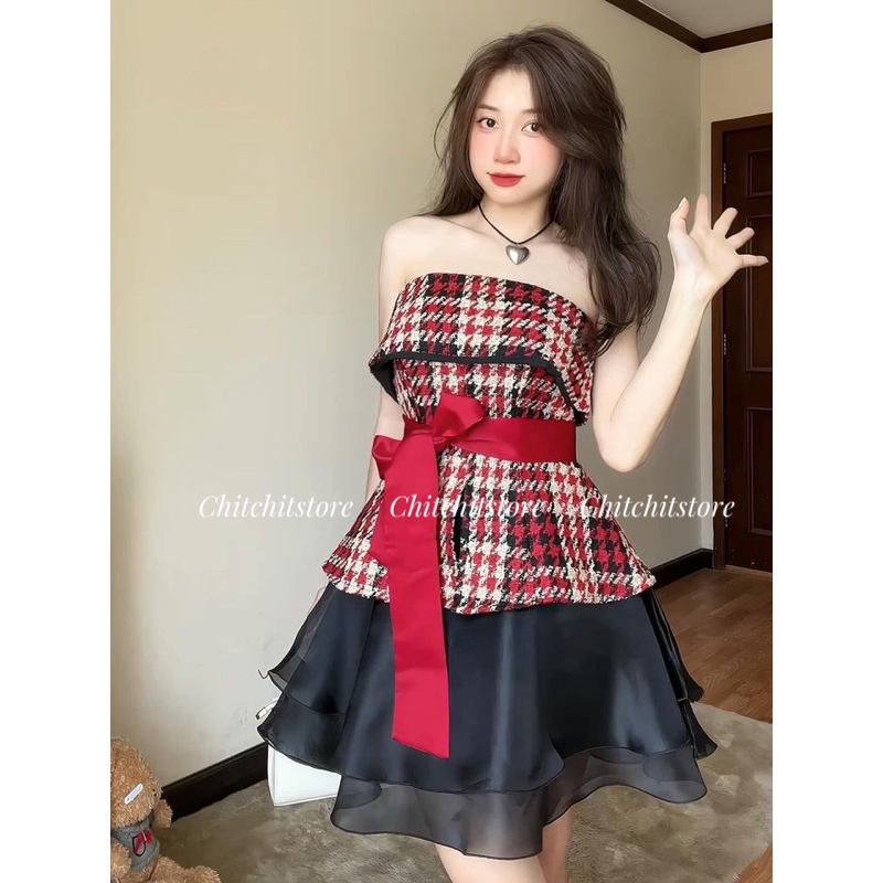 Set ống dạ đỏ + váy đen - Chitchitstore