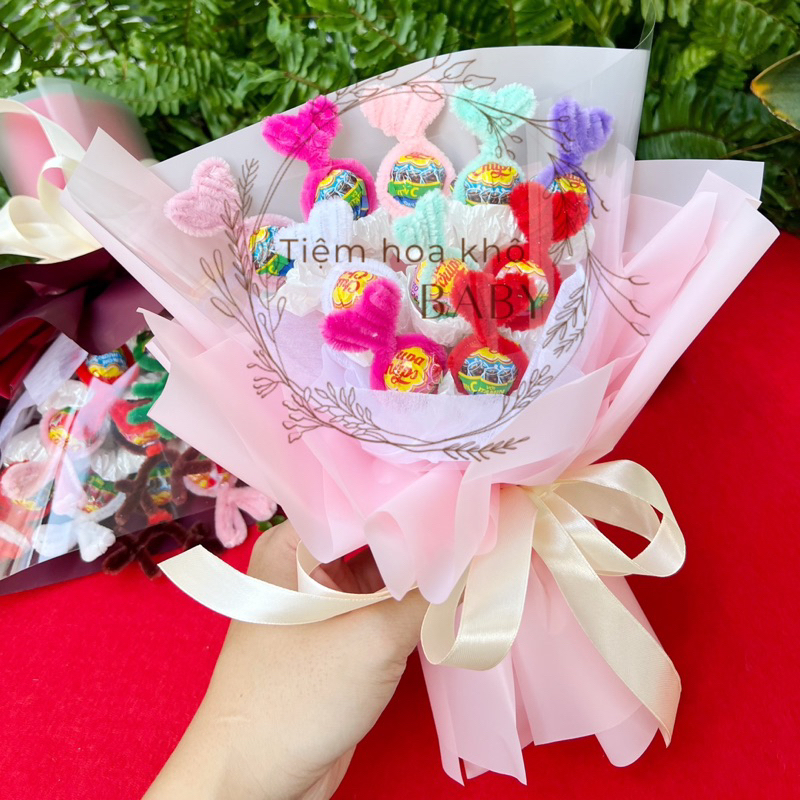 Bó hoa kẹo mút kẽm nhung trái tim 10 cây chupachups, hoa kẹo mút valentine, quà tặng sinh nhật ý ngh