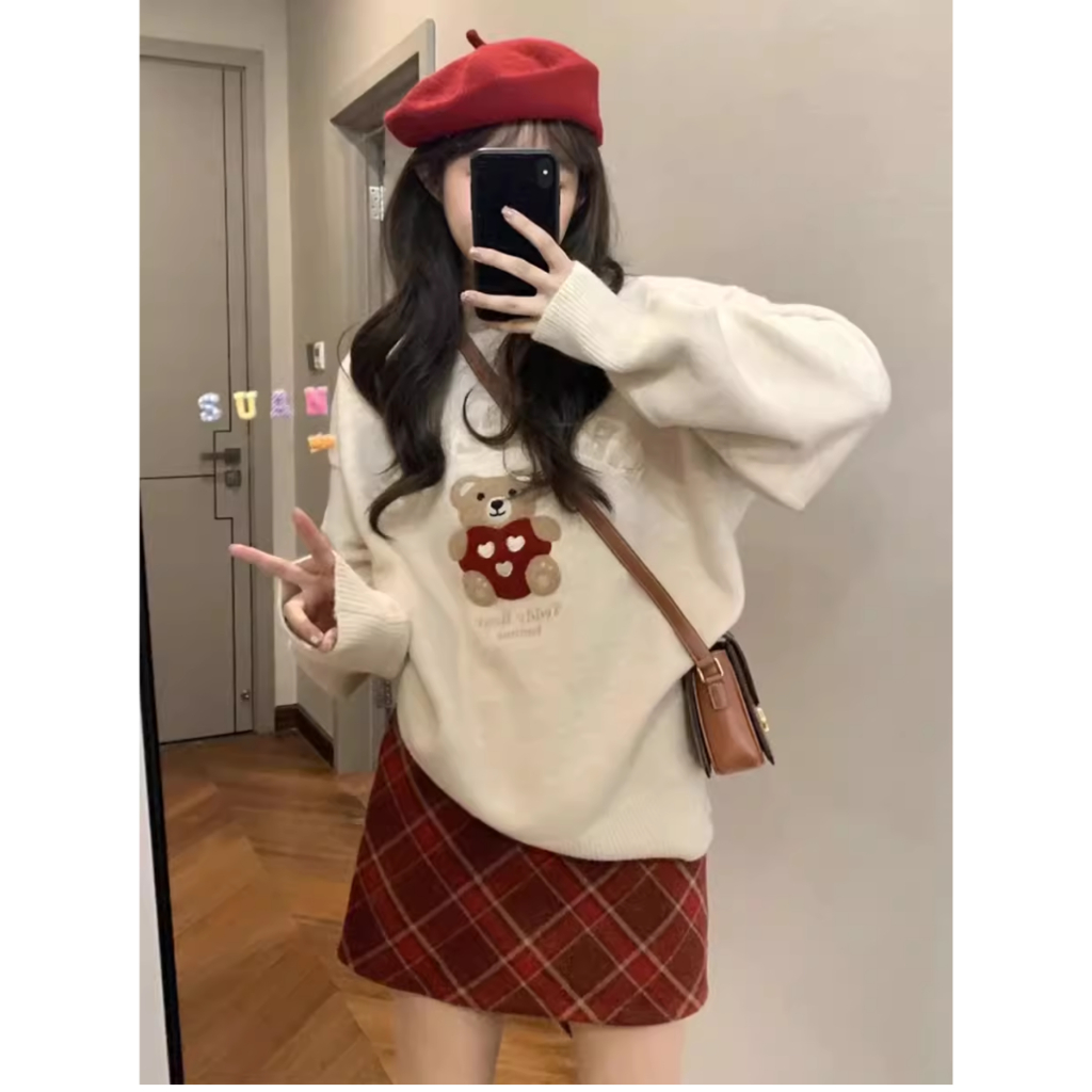 Set áo len đỏ mix chân váy kẻ hot hit, áo len dài tay, chân váy kẻ Caro Đỏ Noel Siêu Xinh
