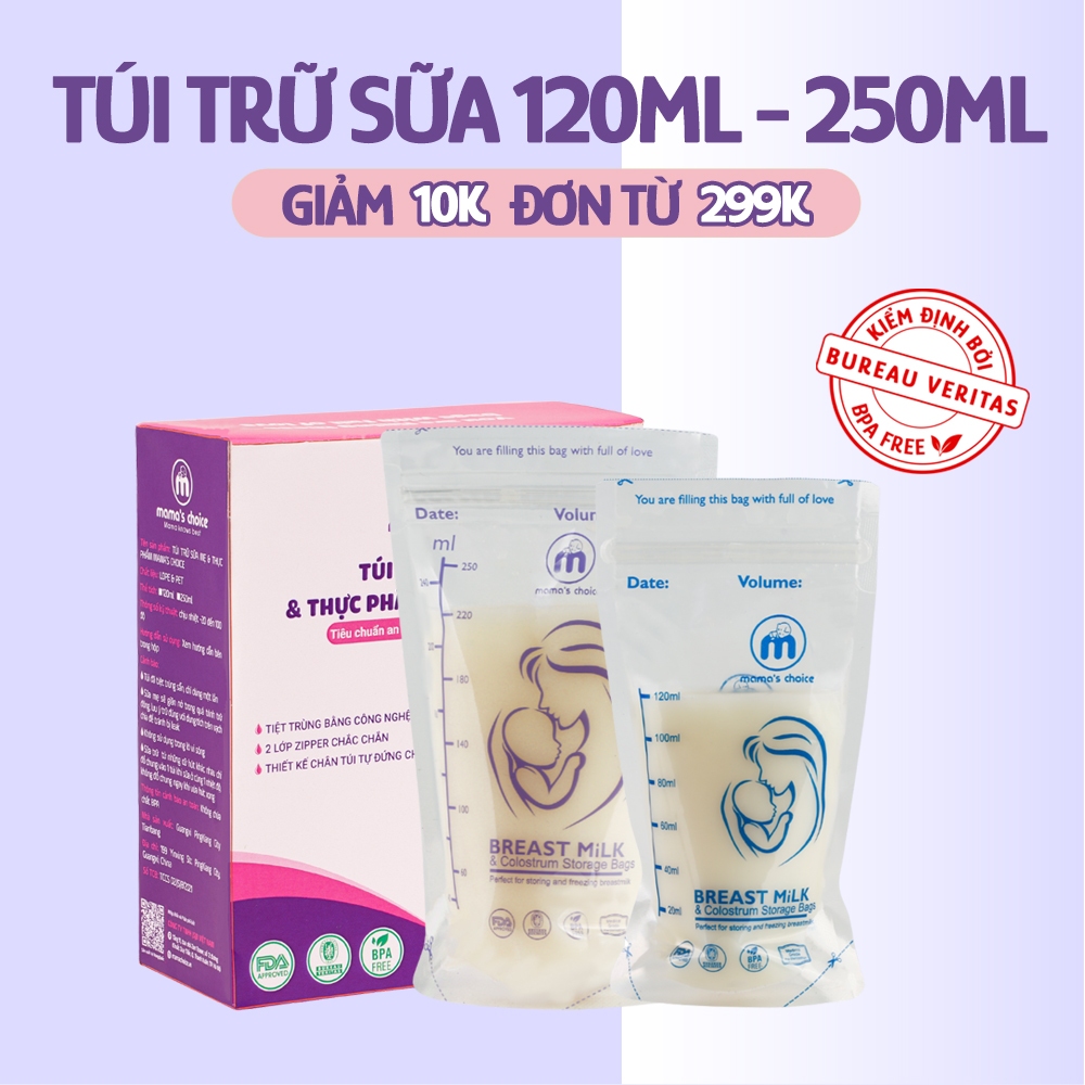 Túi Trữ Sữa Mama's Choice Dung Tích 120ml-250ml, Bảo Quản Sữa Mẹ An Toàn, 2 Khóa Zipper Chống Rò Rỉ 