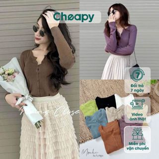 [Ảnh thât] Áo len tăm dài tay nữ 7 khuy ôm body cổ v nhiều màu Cheapy áo cardigan mỏng dài tay cài cúc cổ tròn QC C1284