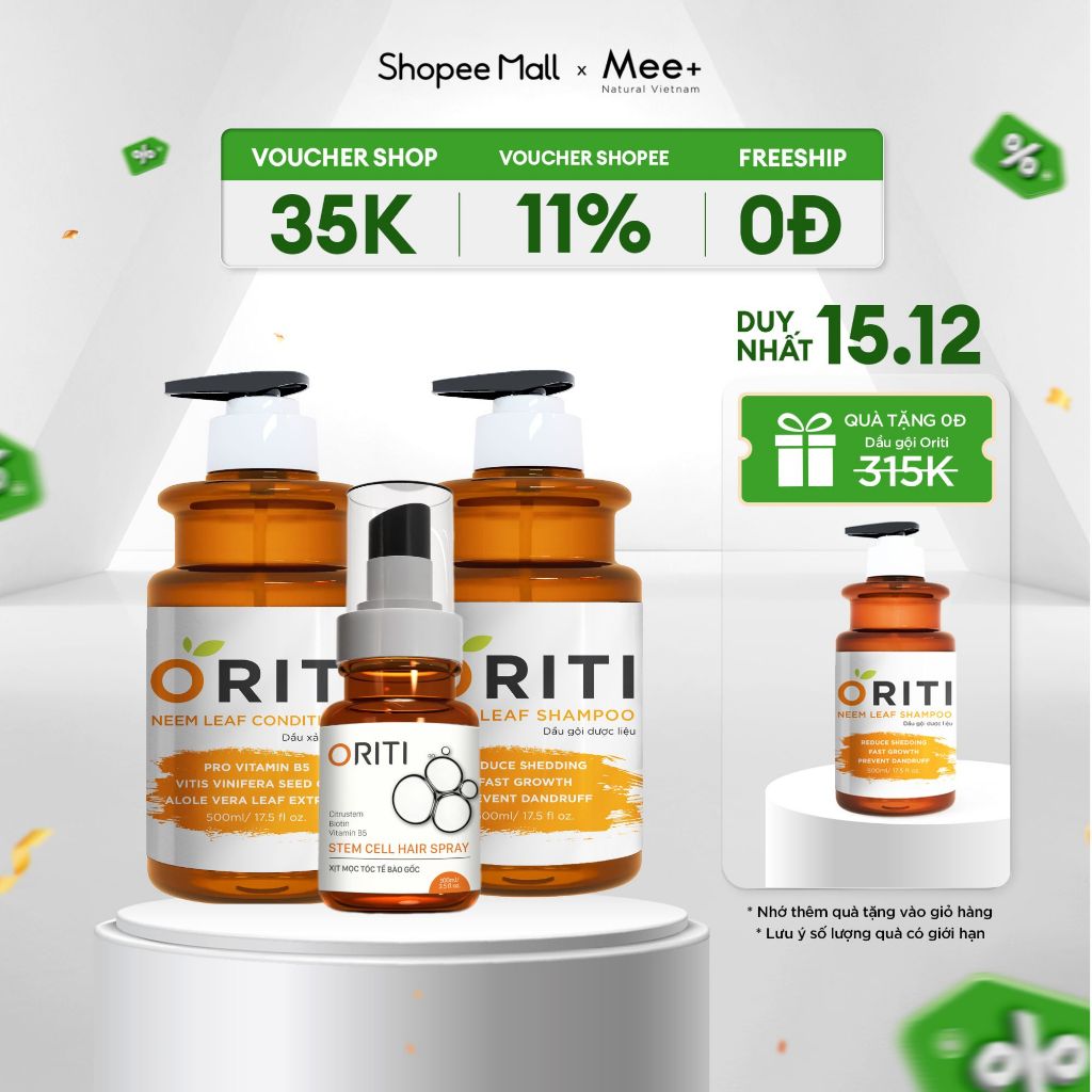 Kích mọc tóc thảo mộc ORITI lá Neem - Neem Leaf Shampoo Combo dầu gội, dầu xả & xịt mọc tóc, ngăn rụng tóc MEE NATURAL