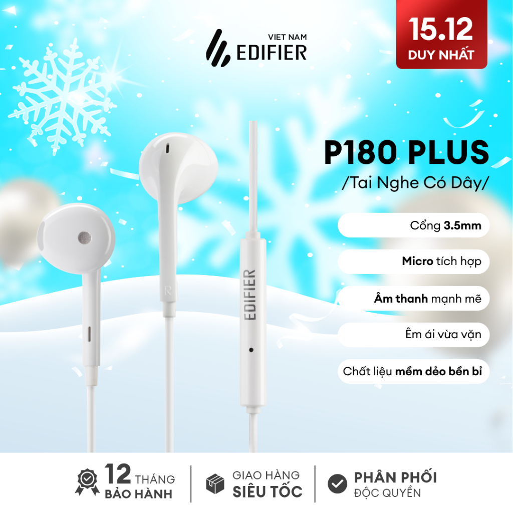 Tai nghe nhét tai có dây EDIFIER P180 PLUS | Chân cắm 3.5mm/ Chân TypeC | Chất liệu TPE | Dài 1.3m | Bảo hành 12 tháng