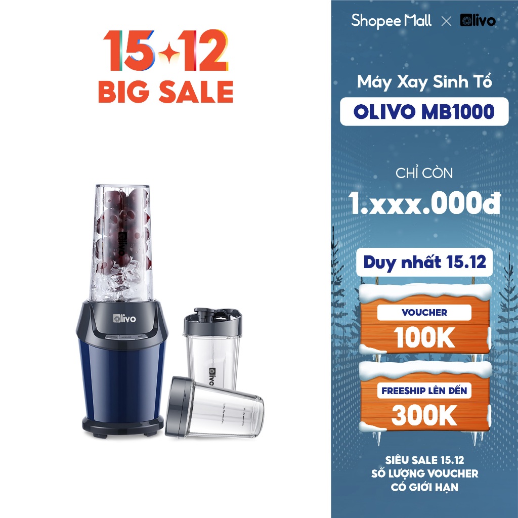 Máy Xay Sinh Tố OLIVO MB1000 – Ba Cốc Xay Linh Hoạt – Xay Đá Bào, Xay Sinh Tố, Smoothie – Công Suất Lớn 1000W