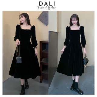 Đầm Dự Tiệc Cổ Vuông Phối Viền Chất Liệu Nhung Dáng Dài Tiểu Thư Sang Chảnh
