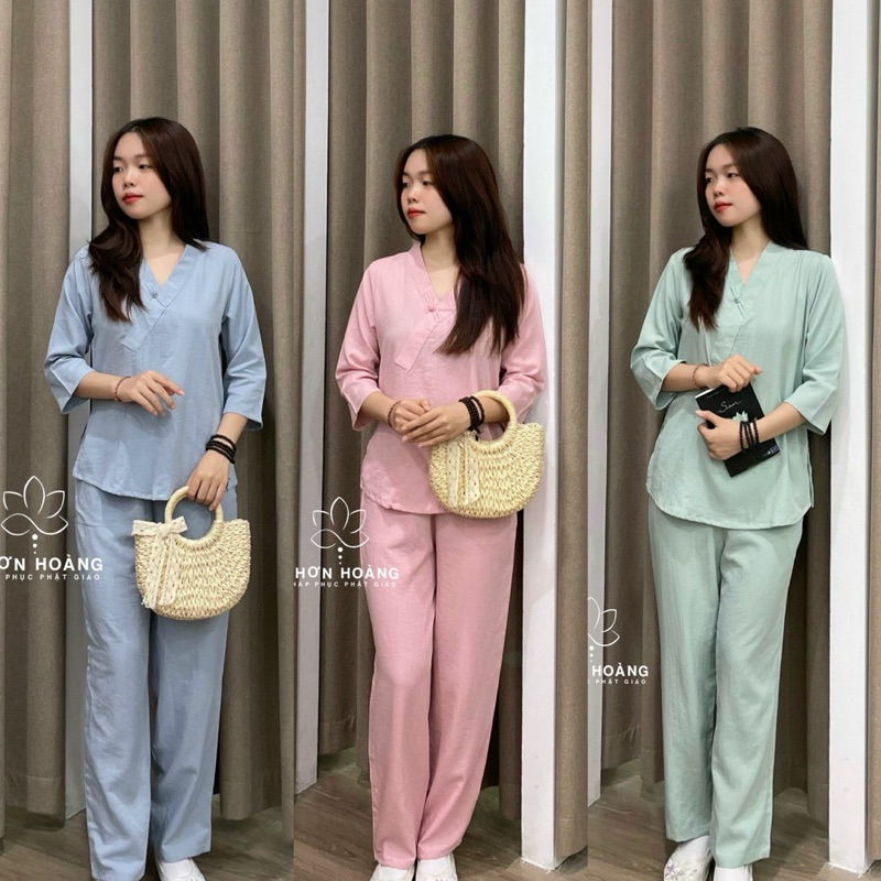 [ Ảnh Thật ] Set Linen Thun 1 Nút Thắt Đồ Lam Đi Chùa