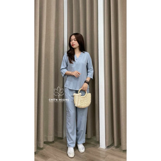 [ Ảnh Thật ] Set Linen Thun 1 Nút Thắt Đồ Lam Đi Chùa