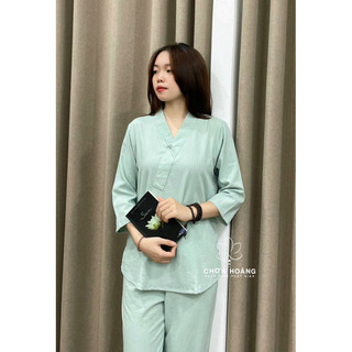 [ Ảnh Thật ] Set Linen Thun 1 Nút Thắt Đồ Lam Đi Chùa